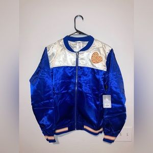 Disney Mickey Mouse Sunset Satin Blue Varsity Bomber Jacket M